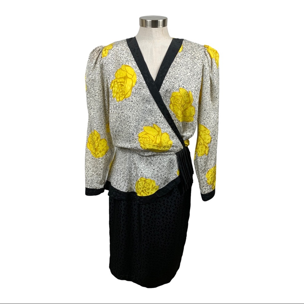 Lauren Alexandra Vintage Yellow, Black, & White Silk Dress Size 12